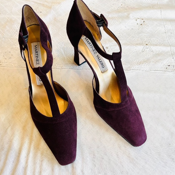 NEW Size 9.5 Martinez Valero T-Strap SUEDE +LEATHER SOLE Burgundy 3” Heels - Picture 2 of 8